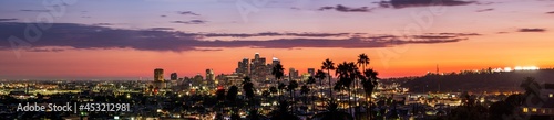 Panorama of Downtown Los Angeles at Sunset with Palm Trees and Clouds photo
