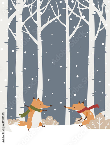 Cartoon style vector illustration of winter forest with cute foxes. Snowy forest background.