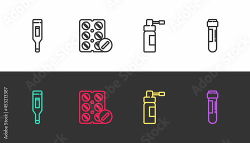Set line Medical digital thermometer, Pills in blister pack, Bottle with nozzle spray and Test tube blood on black and white. Vector