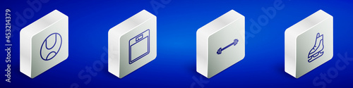 Set Isometric line Tennis ball, Bathroom scales, Barbell and Skates icon. Vector