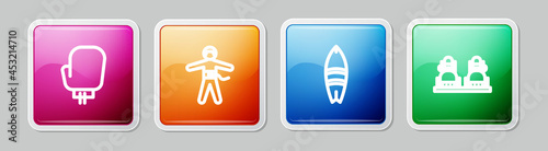 Set line Boxing glove, Bungee jumping, Surfboard and Snowboard. Colorful square button. Vector