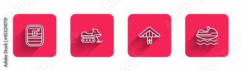 Set line First aid kit, Snowmobile, Hang glider and Jet ski with long shadow. Red square button. Vector