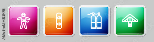 Set line Bungee jumping, Snowboard, Aqualung and Hang glider. Colorful square button. Vector