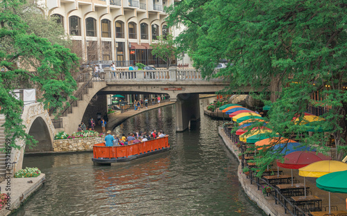 San Antonio Riverwalk Umbrellas, Texas, during pandemic COVID 19, the people get a good time.