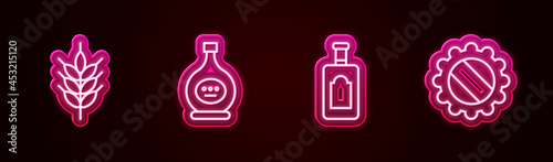 Set line Hop, Bottle of cognac or brandy, Whiskey bottle and cap. Glowing neon icon. Vector