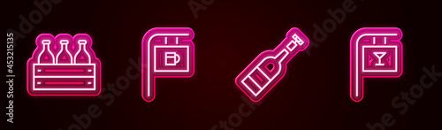 Set line Bottles of wine in a wooden box, Street signboard with Bar, Opened bottle and . Glowing neon icon. Vector