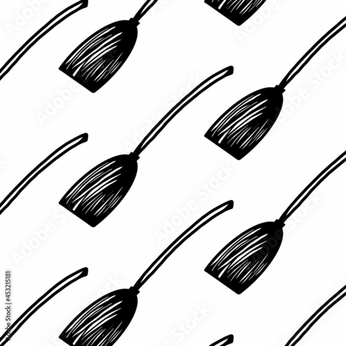 Vector halloween witch broomstick seamless pattern isolated on white background. Cute illustration for seasonal design, textile, decoration kids playroom or greeting card. Hand drawn prints and doodle