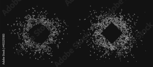 Destructed geometric frame set with copy space. Broken outline pieces. Vector design with shatter effect.