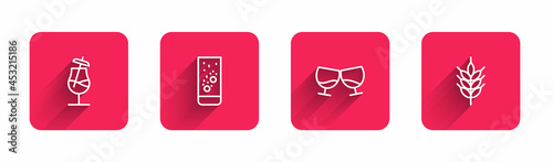 Set line Cocktail, Effervescent tablets in water, Glass of cognac or brandy and Hop with long shadow. Red square button. Vector
