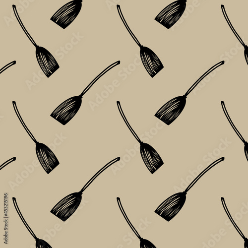 Vector halloween witch broomstick seamless pattern and icon. Funny, cute illustration for seasonal design, textile, decoration kids playroom or greeting card. Hand drawn prints and doodle.
