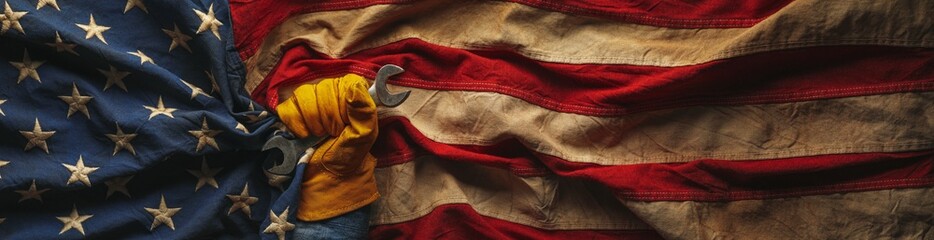 Worn work glove holding wrench tool and gripping old worn US American flag. Made in USA, American workforce, blue collar worker, or Labor Day concept.