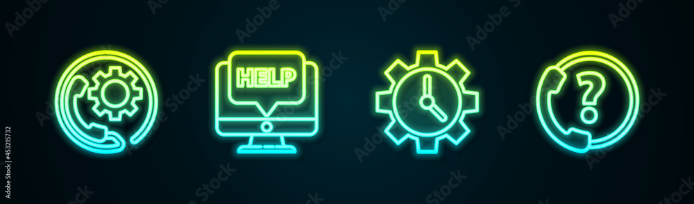 Set line Telephone 24 hours support, Computer monitor and help, Time Management and . Glowing neon icon. Vector Set line Telephone 24 hours support, Computer monitor and help, Time Management and . Glowing neon icon. Vector