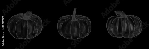Minimal three hand draw grey watercolor pumpkins on black background. Abstract goth doodle pumpkin ornament. Perfect for Halloween or Thanksgiving horror design