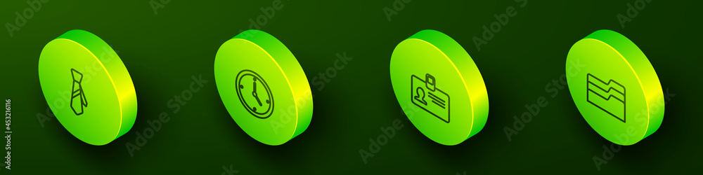 Set Isometric line Tie, Clock, Identification badge and Document folder icon. Vector Set Isometric line Tie, Clock, Identification badge and Document folder icon. Vector