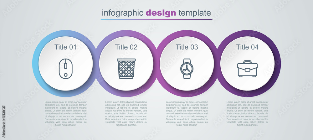 Set line Computer mouse, Trash can, Wrist watch and Briefcase. Business infographic template. Vector Set line Computer mouse, Trash can, Wrist watch and Briefcase. Business infographic template. Vector