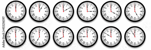 Clock icon set. Watch, time icon vector. Realistic wall clock set. Time icon set. Vector illustration. Stock image. 