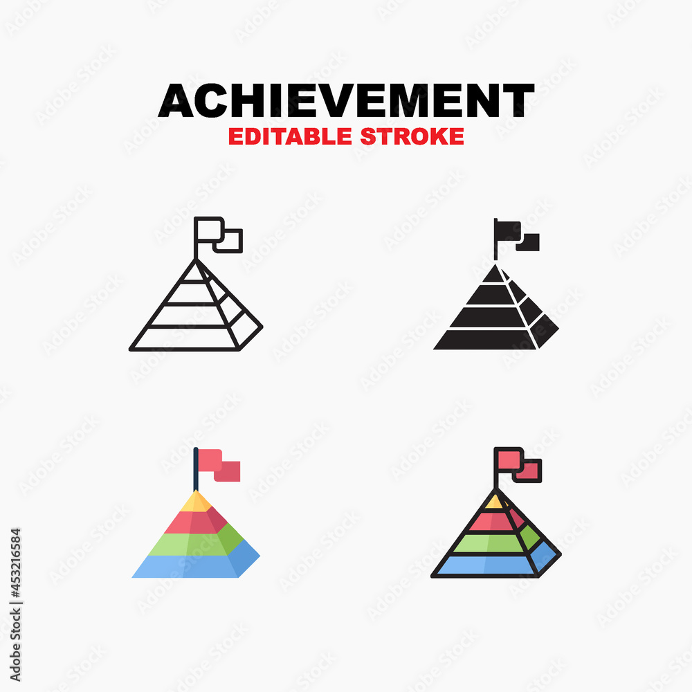 Outline, glyph solid black, flat color and filled outline color, icon symbol set, achievement with pyramid and flag concept, Isolated vector design, editable stroke