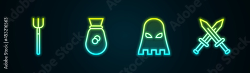 Set line Garden pitchfork, Old money bag, Executioner mask and Crossed medieval sword. Glowing neon icon. Vector