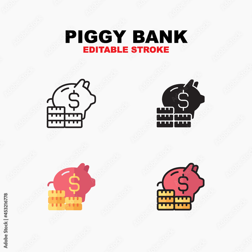 Outline, glyph solid black, flat color and filled outline color, icon symbol set, piggy bank with coins concept, Isolated vector design, editable stroke