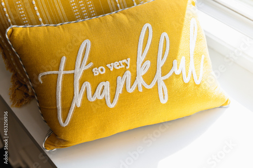 Yellow Pillow Decor With Thankful And Positive Message