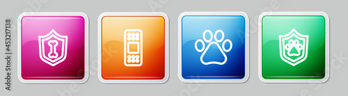 Set line Animal health insurance, Bandage plaster, Paw print and . Colorful square button. Vector