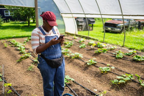 Female farmer using smart phone in greenhouse