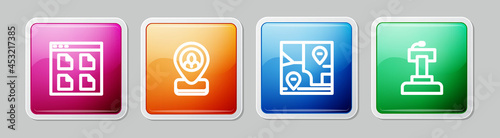 Set line Browser files, Worker location, Folded map with and Stage stand tribune. Colorful square button. Vector
