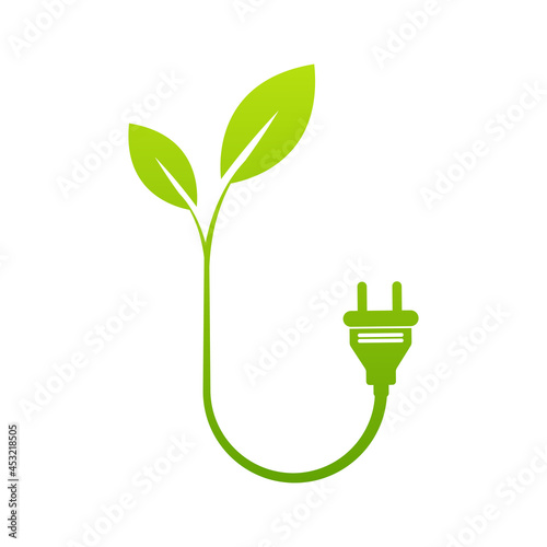 electric plug with green leaves. Green renewable innovative energy concept. Isolated illustration