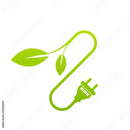 electric plug with green leaves. Green renewable innovative energy concept. Isolated illustration