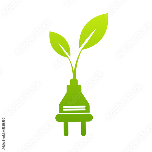 electric plug with green leaves. Green renewable innovative energy concept. Isolated illustration
