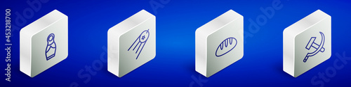 Set Isometric line Russian doll matryoshka, Satellite, Bread loaf and Hammer and sickle USSR icon. Vector