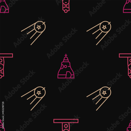 Set line Slavic pagan idol, Satellite and The Tsar bell on seamless pattern. Vector
