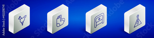 Set Isometric line Cockerel lollipop, Valenki, Ushanka and Balalaika icon. Vector