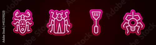 Set line Beetle deer, bug, Fly swatter and Spider. Glowing neon icon. Vector