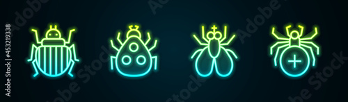 Set line Colorado beetle, Ladybug, Insect fly and Spider. Glowing neon icon. Vector