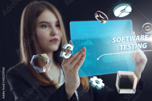 Business, Technology, Internet and network concept. Young businessman working on a virtual screen of the future and sees the inscription: