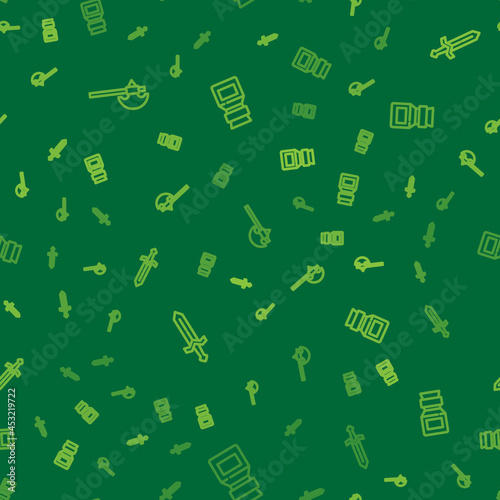 Set line Medieval axe, sword and Poison in bottle on seamless pattern. Vector