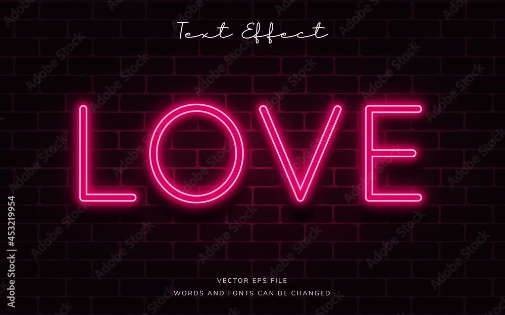 Editable neon light text effect. Fancy romantic font syle perfect for heading and title