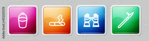 Set line Fire bucket, Cigarette, Firefighter gloves and Metal pike pole. Colorful square button. Vector