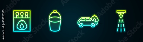 Set line Matchbox and matches, Fire bucket, Burning car and sprinkler. Glowing neon icon. Vector