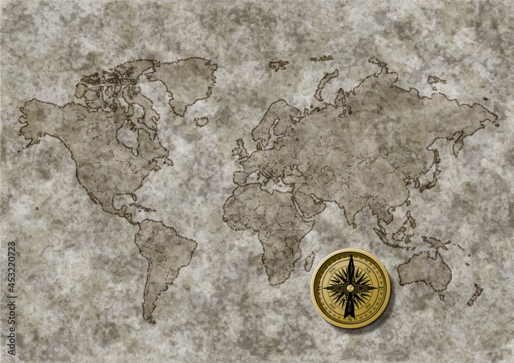 古地図風の世界地図とアンティークなコンパス Stock Vector Adobe Stock