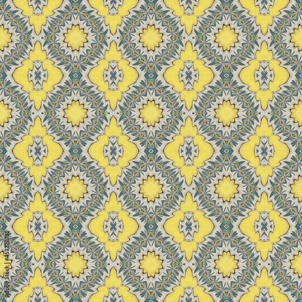 Abstract geometric mosaic seamless pattern. Kaleidoscopic background for trendy textiles. Design for fabric, wallpaper, paper, cover, weaving, packaging, tiles, ceramics.