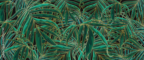 Golden leaves line art background vector. luxury gold abstract wallpaper with earth tone and tidewater green color. Design for prints, Home decoration, fabric and cover design. vector illustration.