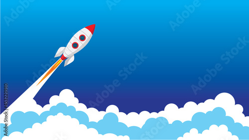 Rocket spaceship flying up to the space vector illustration. In the blue sky go through the clouds.