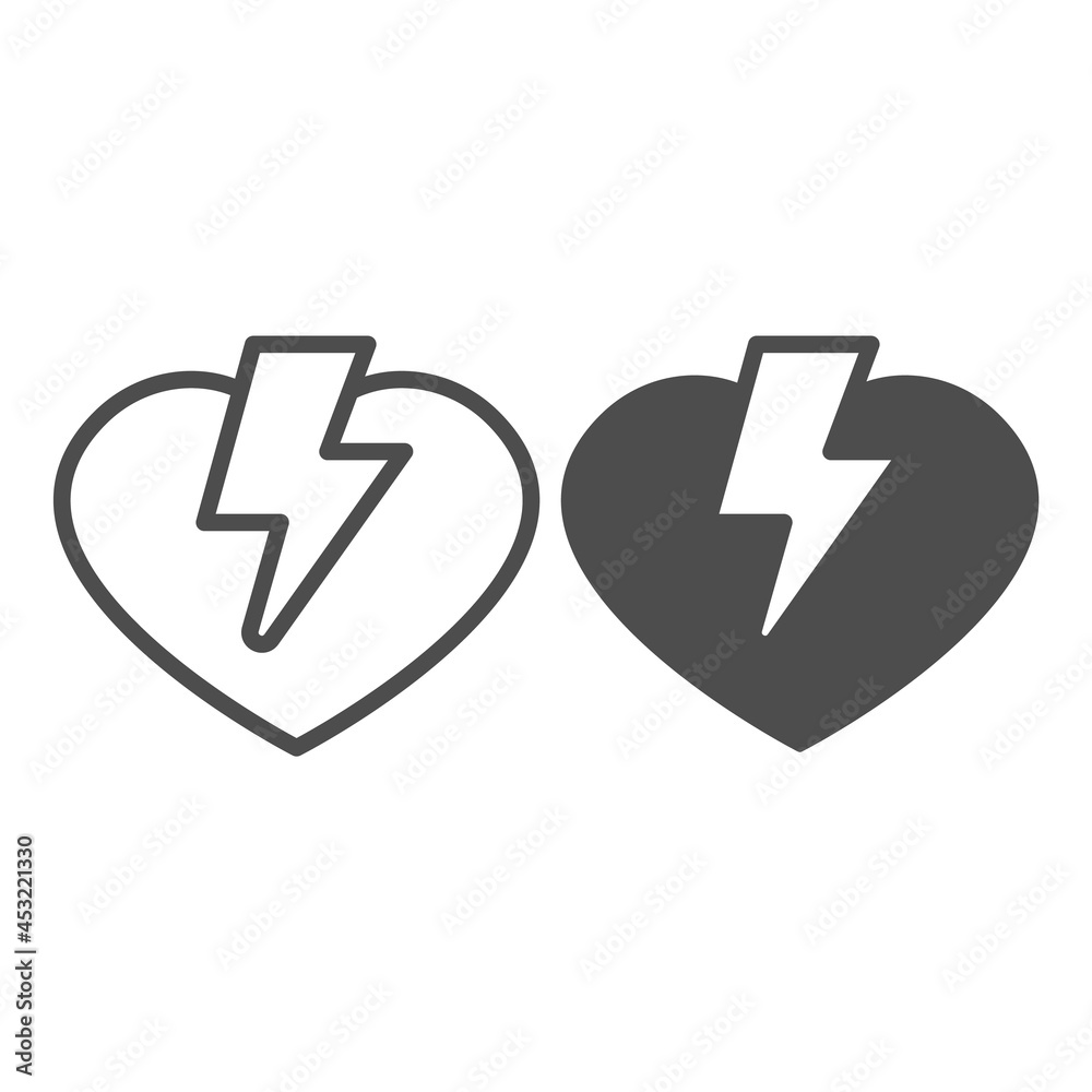 Heart and lightning line and solid icon, dating concept, love thunder vector sign on white background, outline style icon for mobile concept and web design. Vector graphics. Heart and lightning line and solid icon, dating concept, love thunder vector sign on white background, outline style icon for mobile concept and web design. Vector graphics.