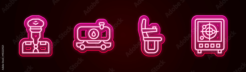 Set line Pilot, Fuel tanker truck, Airplane seat and Radar with targets on monitor. Glowing neon icon. Vector Set line Pilot, Fuel tanker truck, Airplane seat and Radar with targets on monitor. Glowing neon icon. Vector