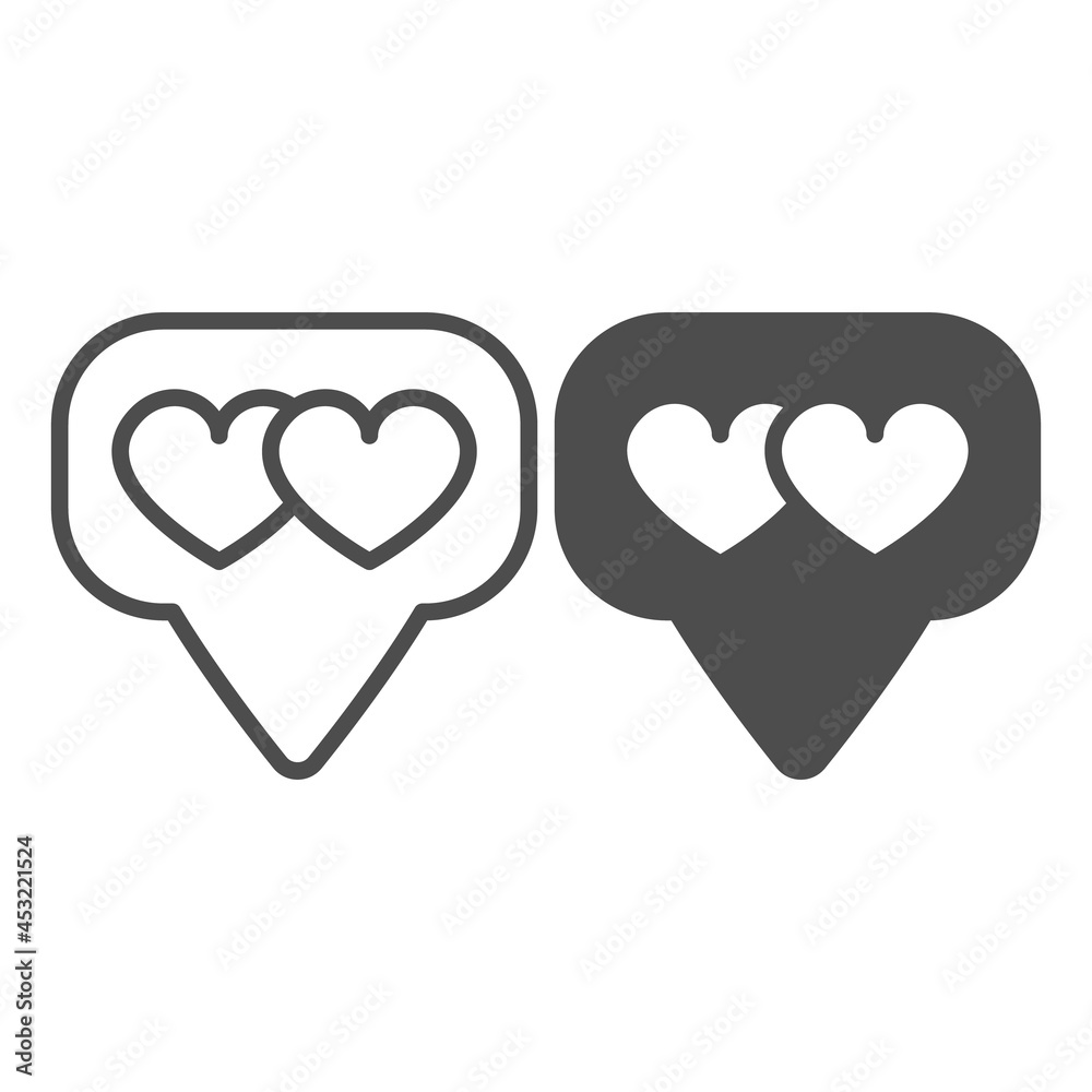 Dialogue box, speech bubble and two hearts line and solid icon, dating concept, messege with hearts vector sign on white background, outline style icon for mobile concept and web design. Vector Dialogue box, speech bubble and two hearts line and solid icon, dating concept, messege with hearts vector sign on white background, outline style icon for mobile concept and web design. Vector