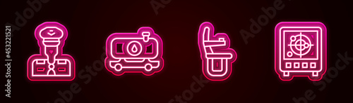 Set line Pilot, Fuel tanker truck, Airplane seat and Radar with targets on monitor. Glowing neon icon. Vector