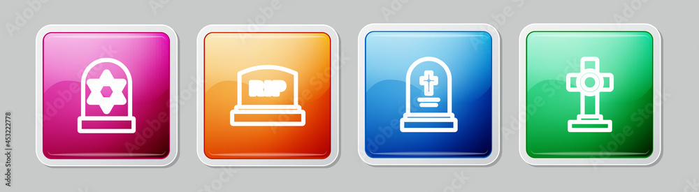 Set line Grave with star of david, Tombstone RIP written, tombstone and cross. Colorful square button. Vector Set line Grave with star of david, Tombstone RIP written, tombstone and cross. Colorful square button. Vector