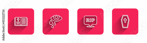 Set line Holy bible book, Tear cry eye, Speech bubble rip death and Coffin with cross with long shadow. Red square button. Vector